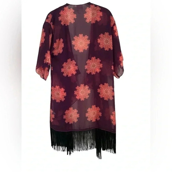 Lularoe Monroe Cardigan Kimono Fringe Black Purple Flower Print Size S NWT - Picture 2 of 2